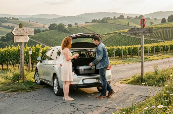 Couple chargeant leurs bagages dans une voiture de location sur une route de campagne française entourée de vignobles
