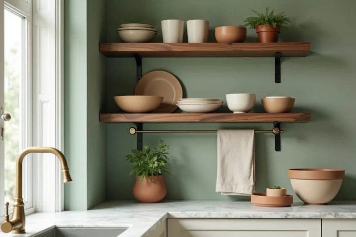 Étagères en noyer avec céramiques artisanales et murs vert sauge dans une cuisine tendance, décoration intérieure naturelle