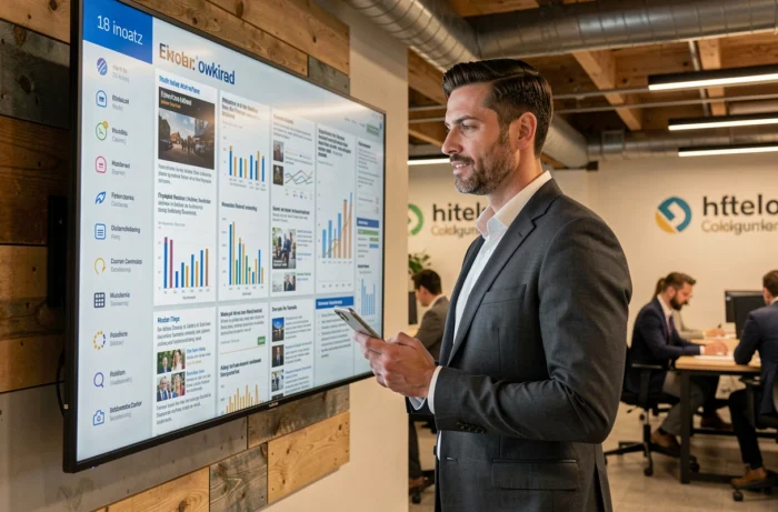 Décideur en costume consultant un tableau d'information numérique dans un espace de coworking moderne