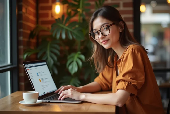 Jeune femme utilisant DeepL Free sur son ordinateur portable dans un café