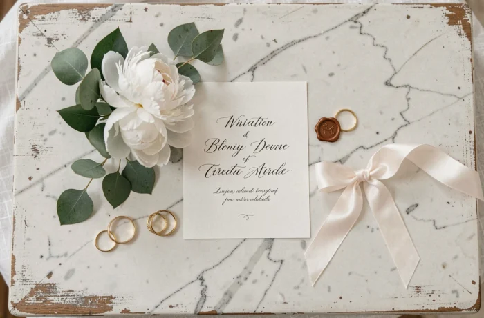 Détails de mariage en vue à plat sur marbre blanc : faire-part calligraphié, bouquet de pivoines, alliances en or et ruban satiné