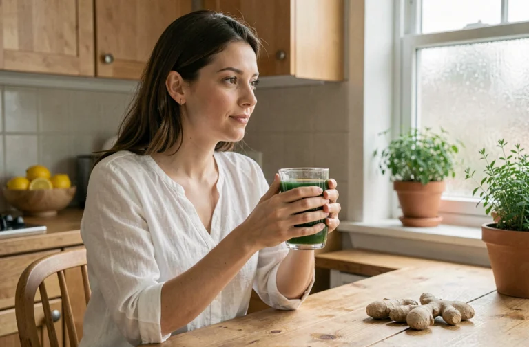 Femme tenant une tasse de thé détox vert dans une cuisine naturelle et apaisante après les fêtes