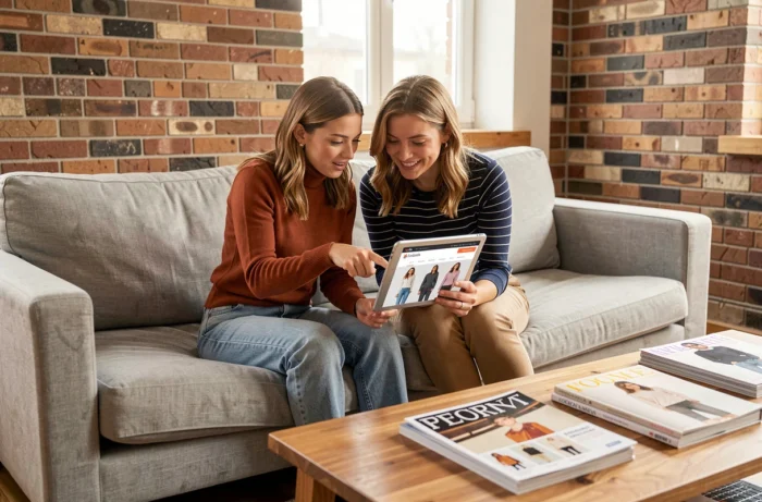 Deux amies découvrant ensemble les rubriques du site Mode For You sur une tablette dans un salon cosy