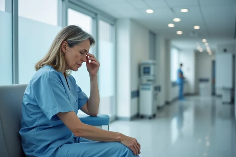 Femme patiente assise dans une salle d'attente de radiologie après une IRM, exprimant une légère inquiétude en touchant sa tempe