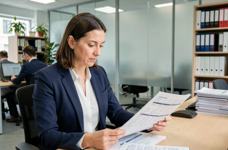 Employée administrative en catégorie C consultant une grille salariale indiciaire dans un bureau moderne