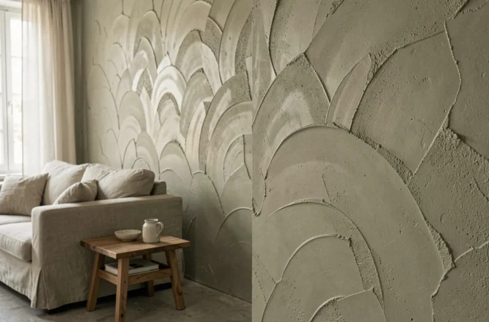 Mur d'accent recouvert d'un enduit texturé à la chaux avec des marques de truelle visibles en tons greige chaud dans un salon contemporain