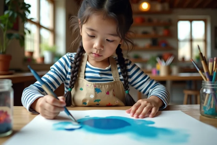 Jeune fille de huit ans concentrée sur un projet de peinture aquarelle dans une salle d'art colorée et créative