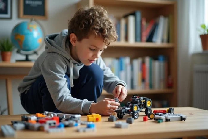 Garçon de huit ans assemblant un kit de robotique LEGO dans sa chambre, activité éducative et créative pour enfants