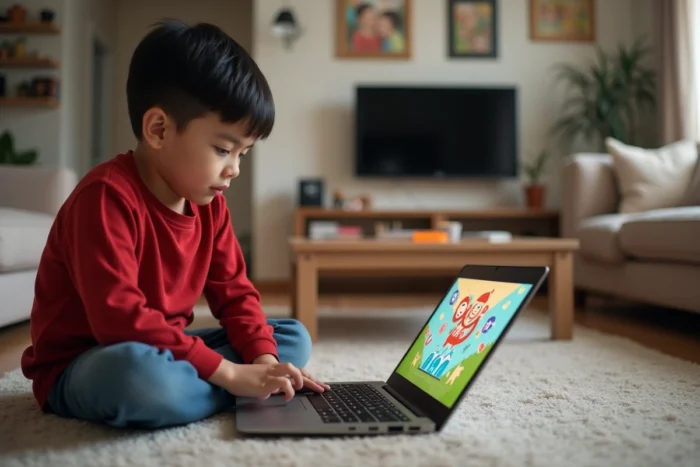 Petit garçon concentré sur un jeu éducatif interactif sur un ordinateur portable dans un salon familial