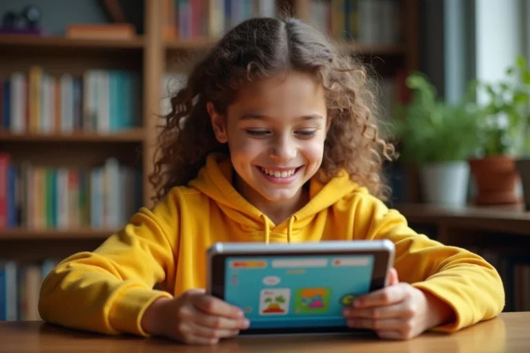 Jeune fille souriante jouant à un jeu éducatif en ligne sur une tablette dans une chambre d'étude chaleureuse