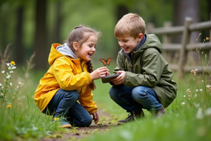 Deux enfants de huit ans explorant la nature en plein air, observant un papillon avec une loupe lors d'une sortie éducative