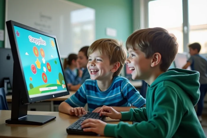 Deux garçons riant ensemble devant un ordinateur de classe en jouant à un jeu éducatif en ligne