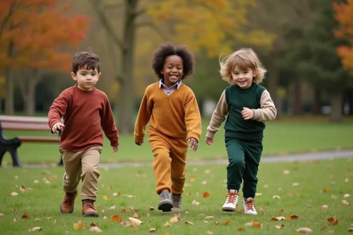 Trois jeunes enfants jouant dans un parc portant des tenues saisonnières de location coordonnées