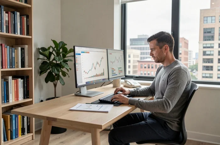 Entrepreneur analysant des rapports financiers sur un bureau à domicile avec vue sur la ville