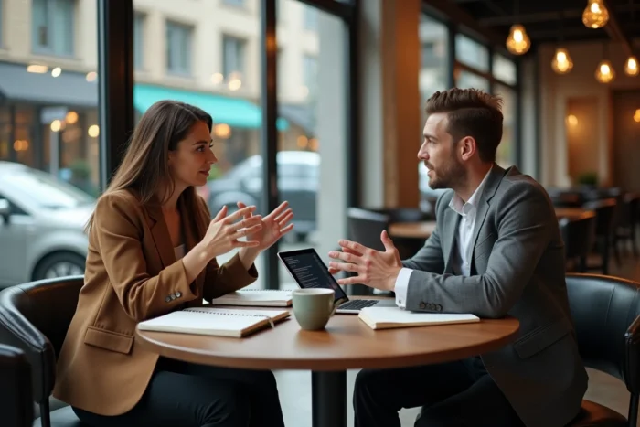 Deux entrepreneurs échangeant autour de ressources et rubriques clés pour créateurs d'entreprise dans un café urbain