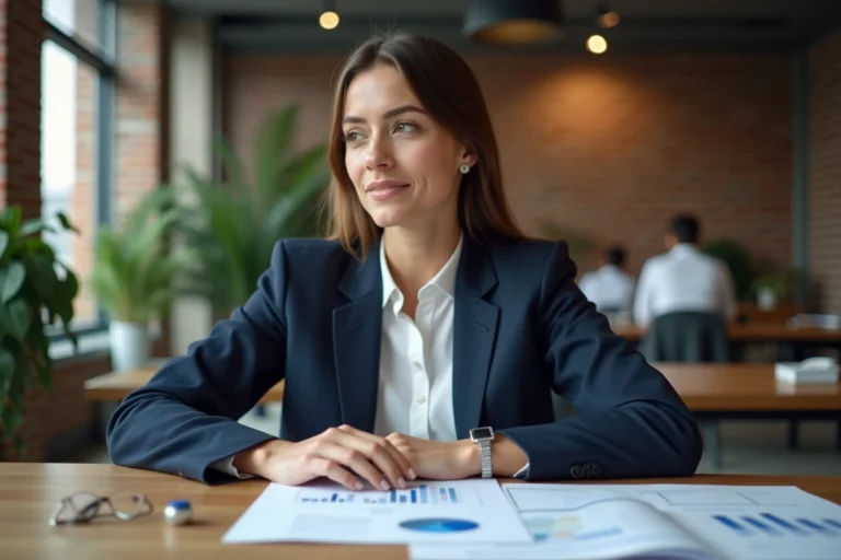 Entrepreneuse en blazer marine consultant des ressources business dans un espace de coworking moderne