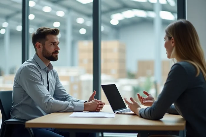 Entretien d'embauche pour un poste de préparateur de commandes Amazon dans un bureau de recrutement attenant à un entrepôt logistique