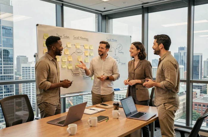 Équipe de community management en séance de brainstorming stratégie réseaux sociaux sur tableau blanc en agence