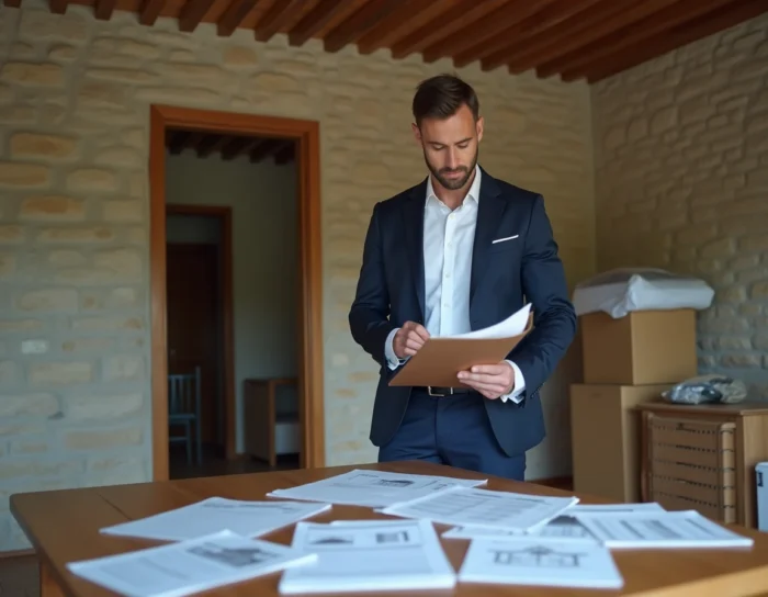 Agent immobilier effectuant une estimation de bien dans un salon de maison bretonne en transition après divorce, avec documents et cartons visible à Quimper