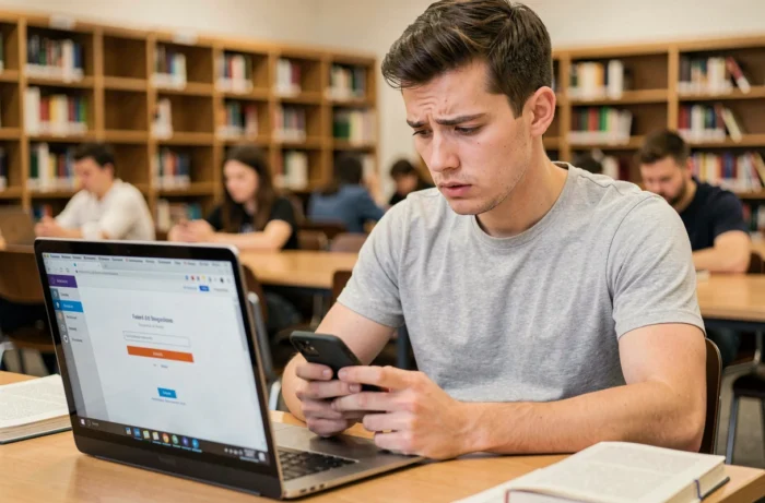 Étudiant consultant son téléphone et son ordinateur portable dans une bibliothèque universitaire face à un problème d'accès au webmail