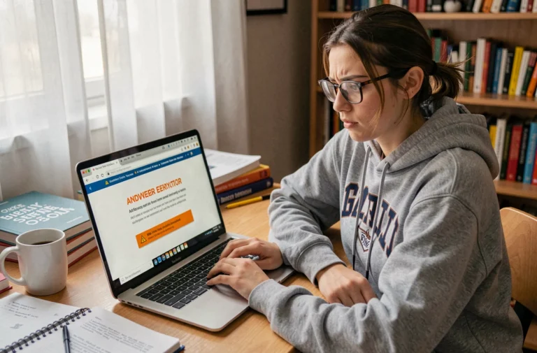 Étudiante frustrée face à un message d'erreur sur son ordinateur portable en essayant d'accéder à sa messagerie universitaire