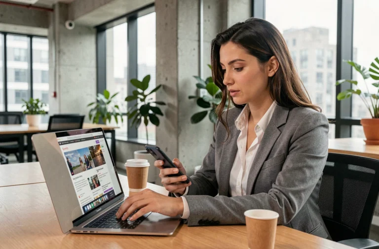 Femme professionnelle consultant l'actualité digitale sur son ordinateur portable dans un espace de coworking moderne
