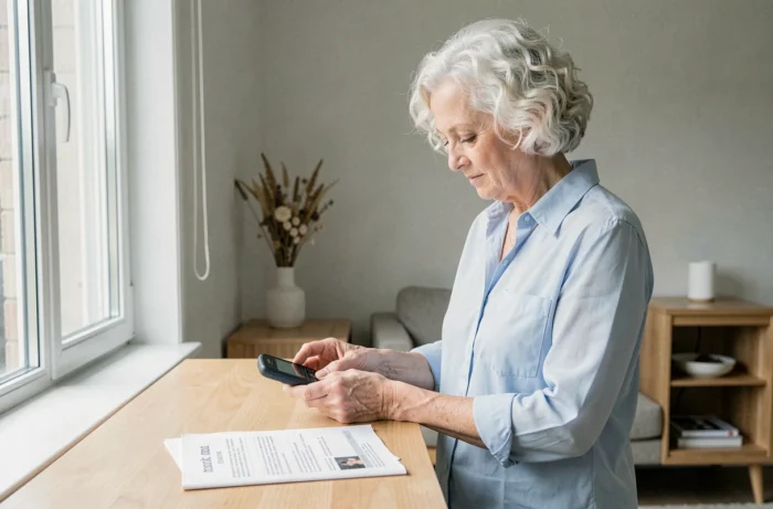 Femme âgée apprenant à écrire un SMS sur un téléphone Doro avec une fiche guide