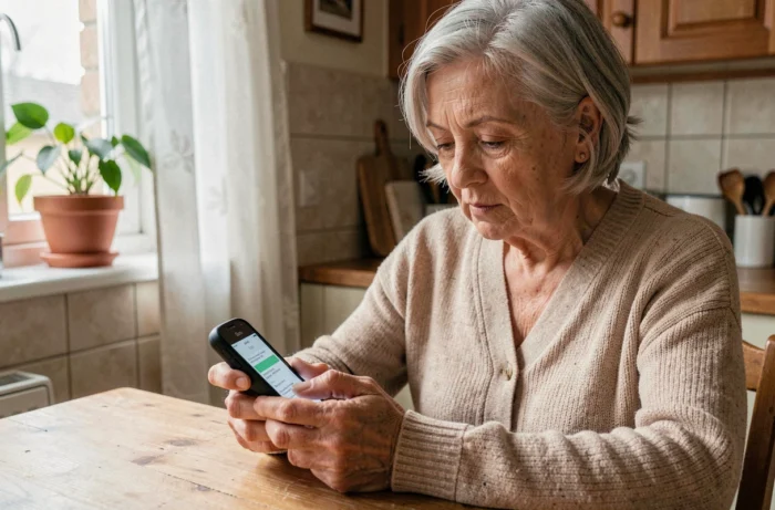 Femme âgée utilisant un téléphone Doro pour envoyer un SMS dans une cuisine chaleureuse