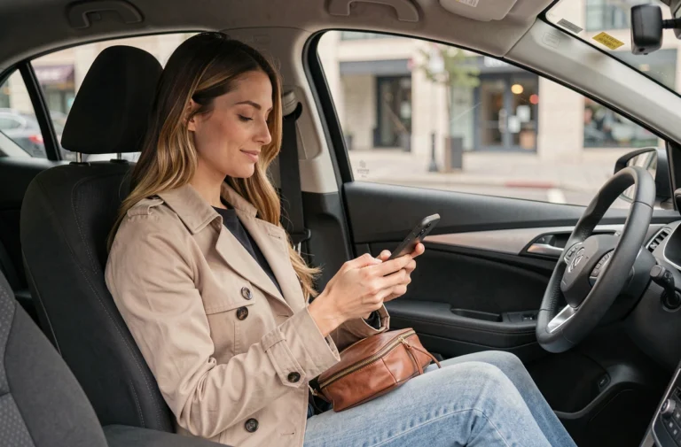 Femme utilisant l'application Karos de covoiturage depuis le siège passager d'une voiture en ville