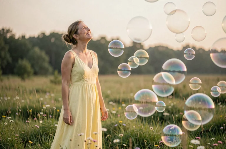Femme souriante entourée de bulles de savon géantes dans une prairie verdoyante, scène féerique et insolite en plein air