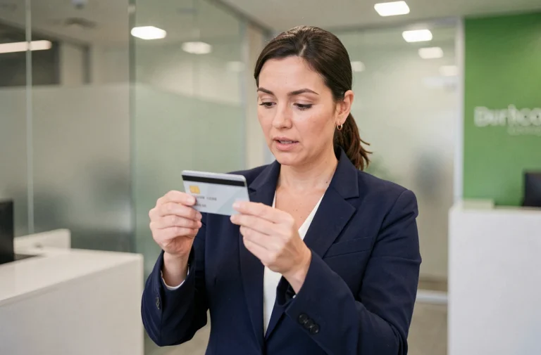 Femme tenant une carte bancaire Crédit Agricole dans une agence moderne, examinant les nouvelles fonctionnalités 2026