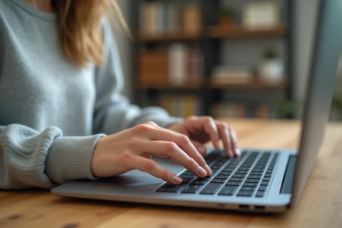 Femme tapant sur un clavier QWERTY avec le doigt posé sur la touche M lors d'une session de travail à domicile