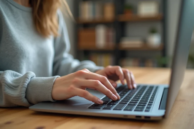 Femme tapant sur un clavier QWERTY avec le doigt posé sur la touche M lors d'une session de travail à domicile
