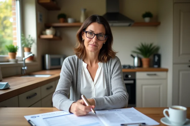 Femme de 45 ans comparant des documents de mutuelle santé à sa table de cuisine, stylo à la main, expression concentrée