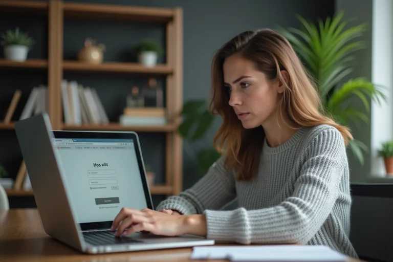 Femme essayant de se connecter à son compte en ligne sur un ordinateur portable depuis son bureau à domicile