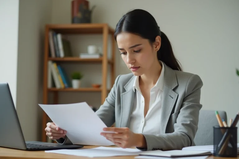 Femme consultant un document officiel de titre de séjour devant un ordinateur portable dans un bureau à domicile