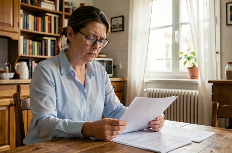 Femme consultant son dossier CAF sur une table de cuisine, avec des documents administratifs officiels étalés devant elle