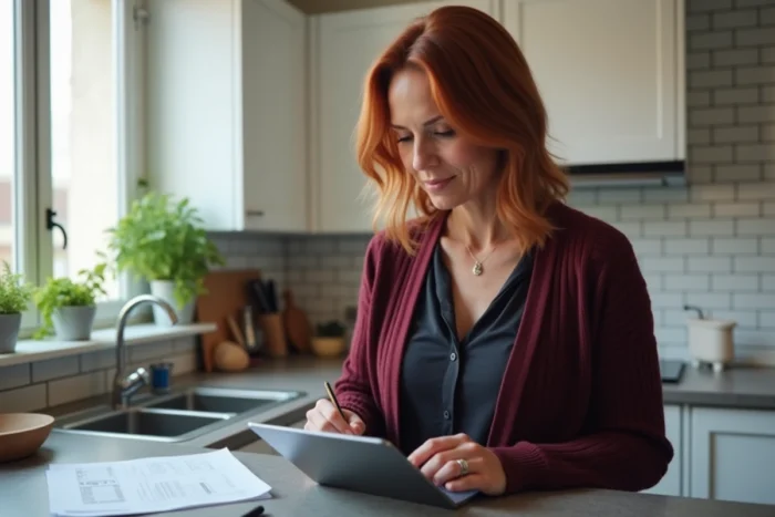 Femme utilisant une tablette dans sa cuisine pour effectuer une démarche administrative d'annulation de titre de séjour en ligne