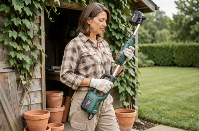 Femme inspectant une débroussailleuse électrique sans fil devant un abri de jardin avec mur en bois et lierre