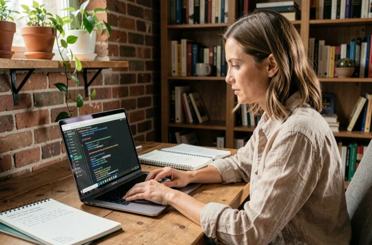 Femme développeuse utilisant un logiciel libre sur un ordinateur Linux dans un bureau à domicile chaleureux