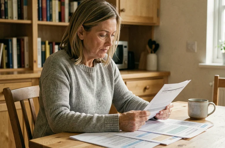 Femme consultant des documents d'assurance vie après un décès pour estimer le capital à percevoir