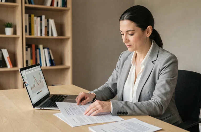 Femme consultant des documents de crédit et un ordinateur portable dans un bureau à domicile moderne