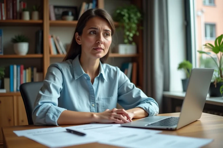 Femme vérifiant des documents de location sur son bureau pour obtenir un remboursement via 123 Loger