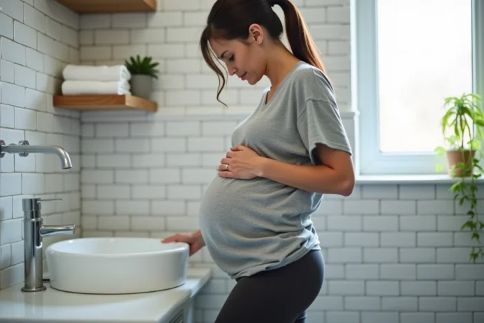 Femme enceinte debout dans une salle de bain à domicile, agrippant le lavabo pendant une contraction, signe précurseur du travail