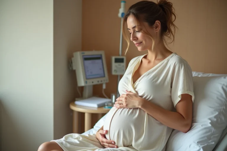 Femme enceinte en fin de grossesse assise sur un lit d'hôpital, les mains posées sur le ventre, signe d'un accouchement imminent