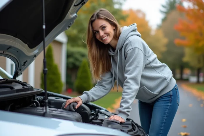 Femme passionnée de voiture vérifiant le niveau d'huile moteur dans une allée résidentielle en automne