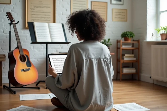 Femme guitariste cherchant des partitions gratuites de guitare sur une tablette dans une salle de musique