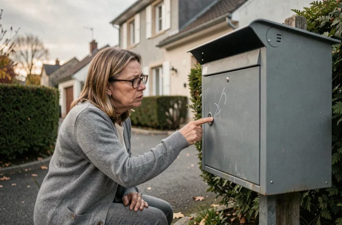 Une femme d'âge moyen examine attentivement sa boîte aux lettres à la recherche de signes de marquage suspects pouvant indiquer un repérage de cambrioleurs