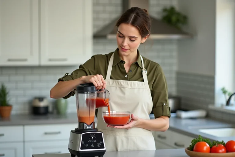 Femme utilisant un mixeur Top Chef pour préparer une soupe de tomates dans une cuisine moderne