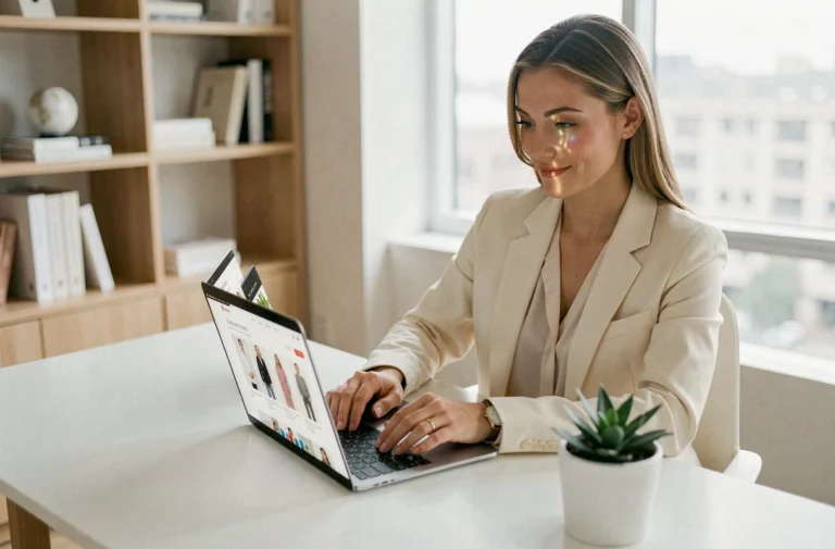 Femme élégante parcourant le site Mode For You sur son ordinateur portable dans un bureau minimaliste moderne